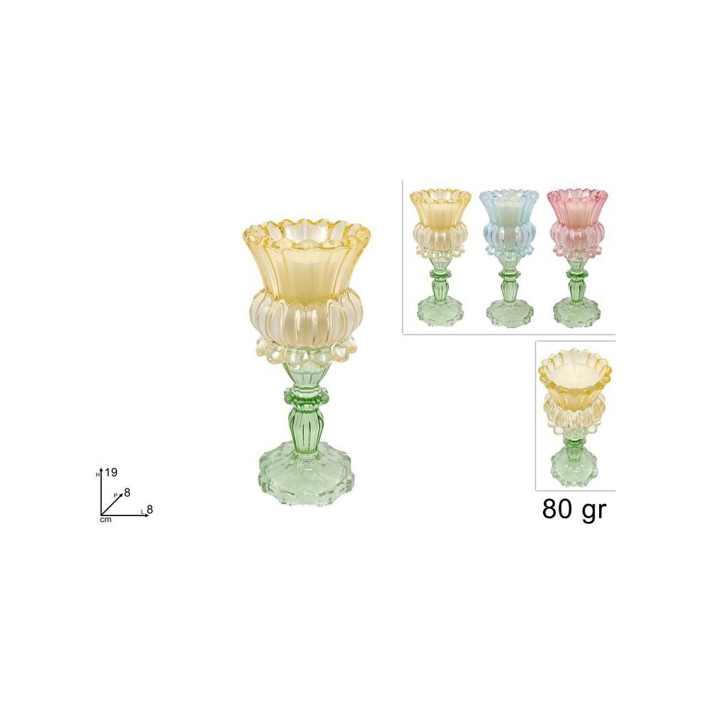 CALICE IN VETRO 19CM C CANDELA 80GR 3COL